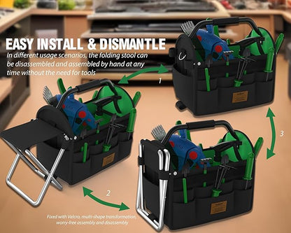 14 Inch Gardening Tool Bag with Stool, Waterproof Storage Tote, Foldable Metal Handle & Shoulder Strap, Relieve Fatigue