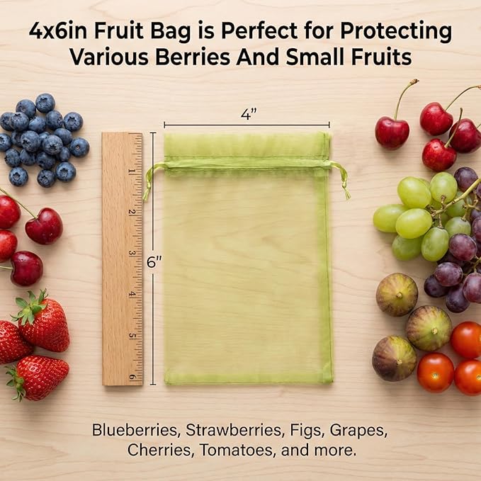 Sukh 100PCS Fruit Protection Bags - 4"x6" Fruit Cover for Fruit Tree Netting Fruit Nets to Protect Tomato Grape Mesh Fruit Organza Bags Green Net Produce Bag for Fruits & Vegetables Reusable