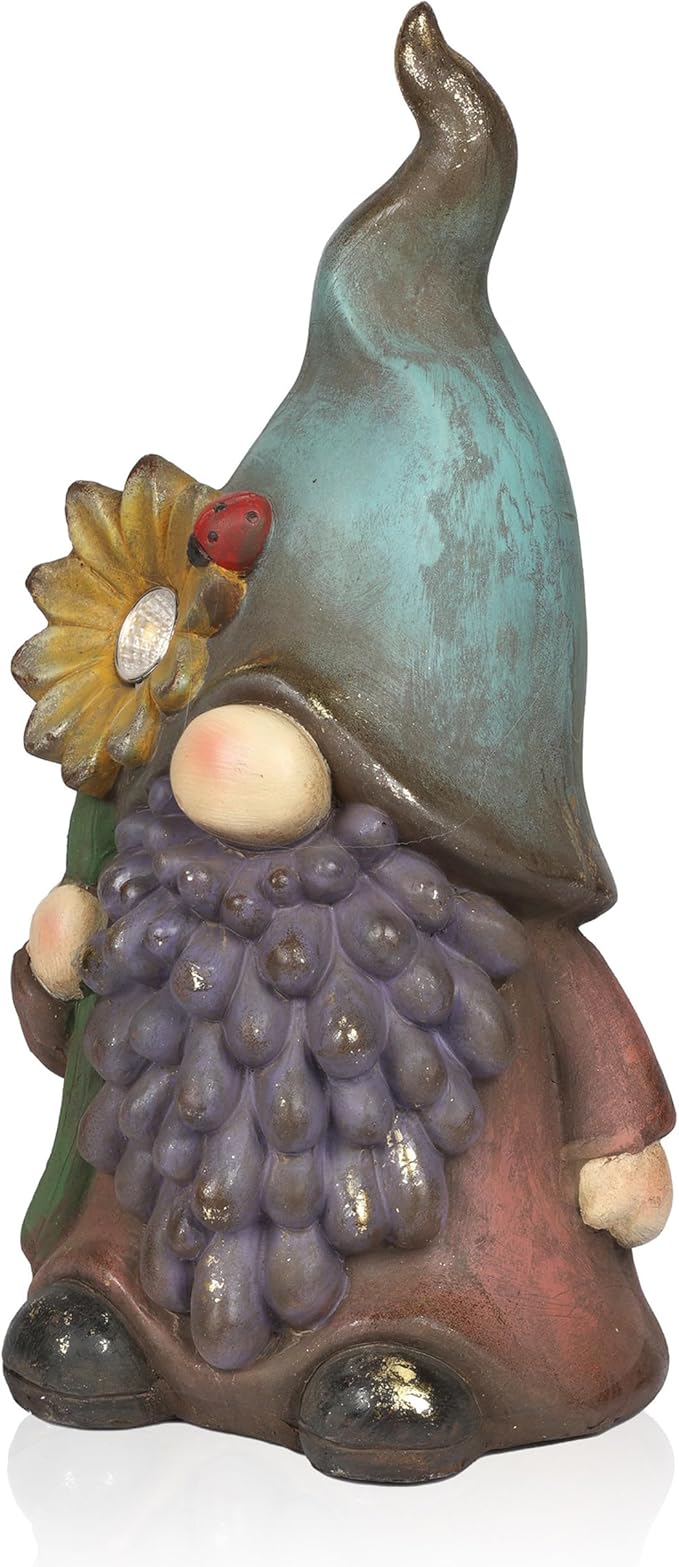 Alpine Corporation MCC852SLR Solar Gnome Holding Flower with Turquoise Hat Statue, Stylish Décor for Garden, Patio, & Lawn, 18" H, Multicolor