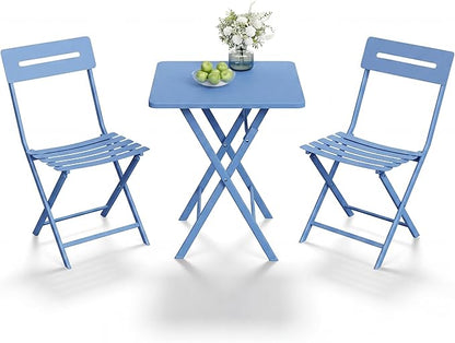 GarveeTech 3-Piece Folding Bistro Set, Heavy Duty Outdoor Patio Furniture with 2 Chairs & 1 Table, Weather-Resistant Steel Frame, No Assembly Required for Garden, Yard, Balcony,Blue