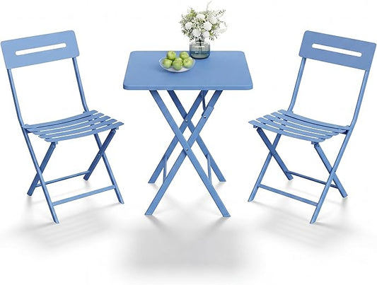 GarveeLife 3 Piece Outdoor Bistro Set, All Metal Patio Table and Chairs Set, Round Tube Iron Bistro Furniture Set for Balcony Porch Garden Cafe, Weather Resistant