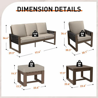 Rustic Hideaway Natural Cedar Wood Outdoor Furniture Set, Wicker Patio Conversation Set for Porch Garden Backyard, Couch, 2 Patio Chairs, Side Table and 2 Ottomans, 6 Piece, Brownish/Beige