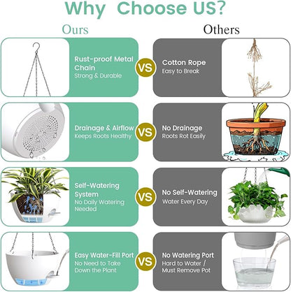 UOUZ 4 Pack 8 Inch Self Watering Hanging Planters for Indoor Outdoor Plants，Hanging Pots for Plants with Drainage Removable Tray, Hanging Baskets Flower Pots for Ivy Pothos Spider Garden Porch White