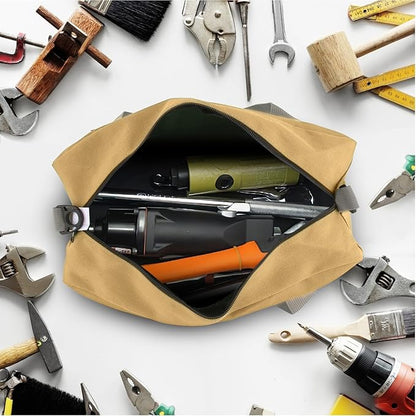 Small Tool Bag, Canvas Tool Storage Bag, Large Capacity Multipurpose Zipper Soft Tote Organizer Pouch for Electrician, Plumbing, Gardening,Tools Bags for Men (Khaki, 20 Inch)
