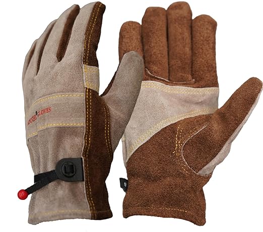Leather Gardening Gloves for Men, Work Gloves for Welding, Construction, Chainsaw, Farm, Ranch, Yard Work, Abrasion Resistant, Cactus Thorn Proof (Brown, Large)