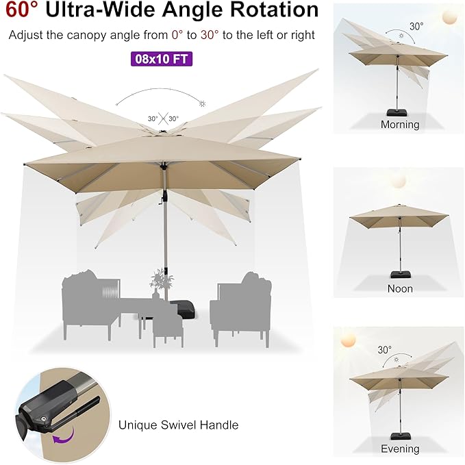 PURPLE LEAF 8' X 10' Left-right Tilting Patio Umbrella with Base Outdoor Swivel Cantilever Offset Aluminum Umbrella with Champagne Frame and 360-degree Rotation for Garden Deck Pool, Beige