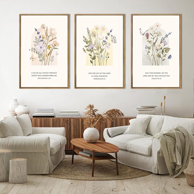 IARTTOP Extra Large Christian Easter Wall Art Framed 24x36 Inch Floral Bible Verse Scripture Art Prints Minimalist Botanical Wildflower Religious Canvas Wall Decor for Living room Bedroom Set of 3