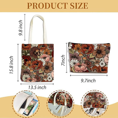 Flower Plant Lover Gifts for Women Canvas Tote Bag with Makeup Bag Cosmetic Bags Grocery Bags for Shopping Christmas