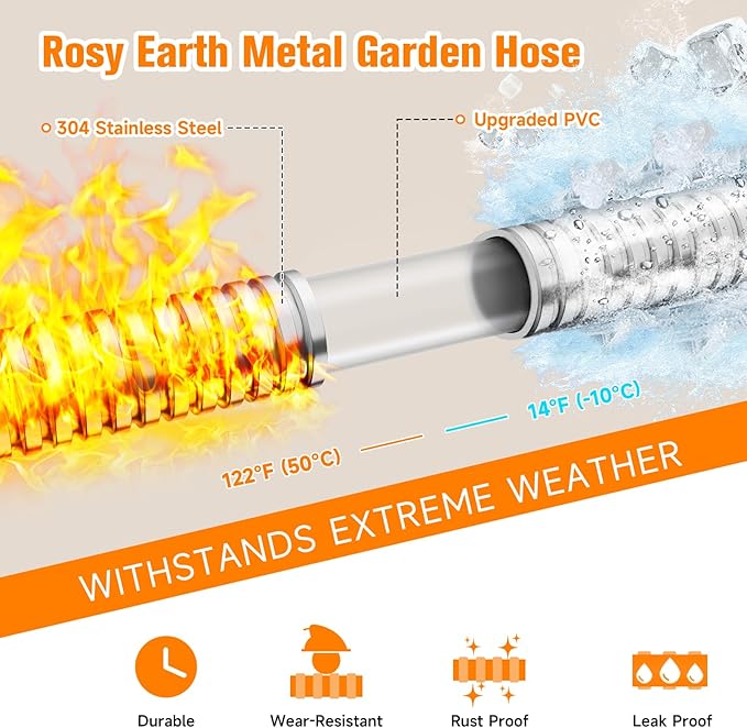 Metal Garden Hose 200 FT - 304 Stainless Steel Water Hose 200 FT - Expandable Short Flexible Garden Hose,no Kink Explosion, no Bite