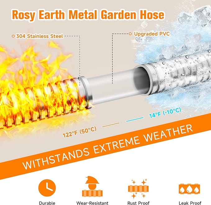 Garden Hose 3 FT, 304 Stainless Steel Metal Water Hose, Heavy Duty Flexible Leader Hose, Short Water Hose Kink Free Hose for Rv, Outdoor, Yard, No Bite, Leak proof and Durable