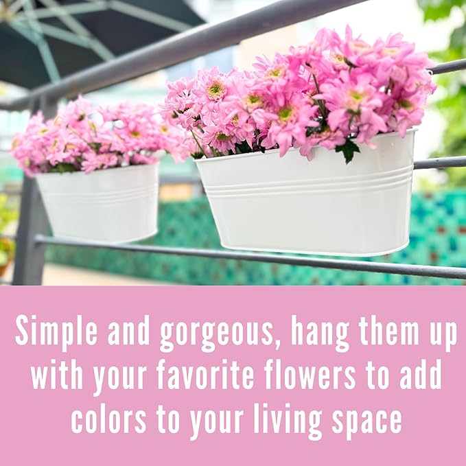 LaLaGreen Rail Planters for Outdoor (10 Pack, 11.2 Inch) White Metal Iron Strawberry Planter Hanging Flower Pots, Deck Railing Fence Bucket Wall Mount Window Box Plant Holder with Hooks Porch Decor