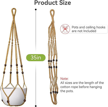 USLAI Macrame Plant Hanger Indoor Outdoor, Fits 4 to 15 Inch Pots, Strong Hanging Planter Holder, Boho Home Decor, 35 Inch, Brown, Set of 3 (POTS NOT Included)