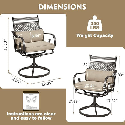 MELLCOM Patio Swivel Chair Set of 6, Heavy Duty Outdoor Dining Chairs with Cushions and Lumbar Pillows, Metal Patio Chairs Gentle Rocker for Outside, Garden Lawn & Porch, Backyard, Khaki