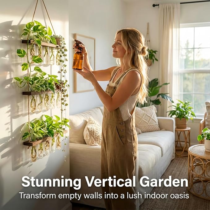 Unijoy Glass Hanging Plant Propagation Station - 3-Tier Wall Planter with Hydroponic Tube Vases - Stylish Indoor Terrarium for Tiny Home Office Decor & Ideal Gift for Plant Lovers