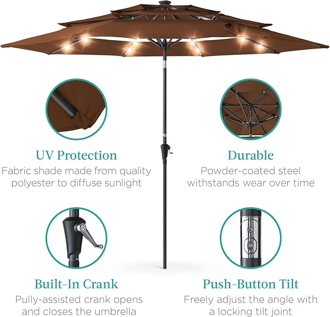 Best Choice Products 10ft 3-Tier Solar Patio Umbrella, Outdoor Market Sun Shade for Backyard, Deck, Poolside w/ 24 LED Lights, Tilt Adjustment, Easy Crank, 8 Ribs - Brown