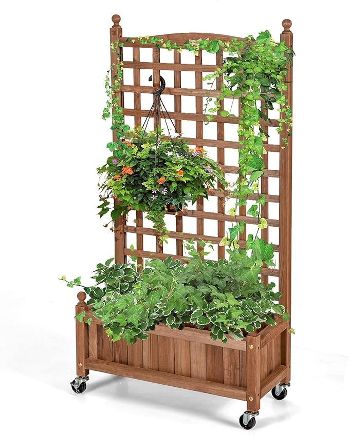 Giantex Mobile Plant Raised Bed, Wood Planter with Lattice Trellis and Wheels, Flower Box for Plant Climbing, Vertical Garden for Balcony Patio Yard, 25"x11"x 50"