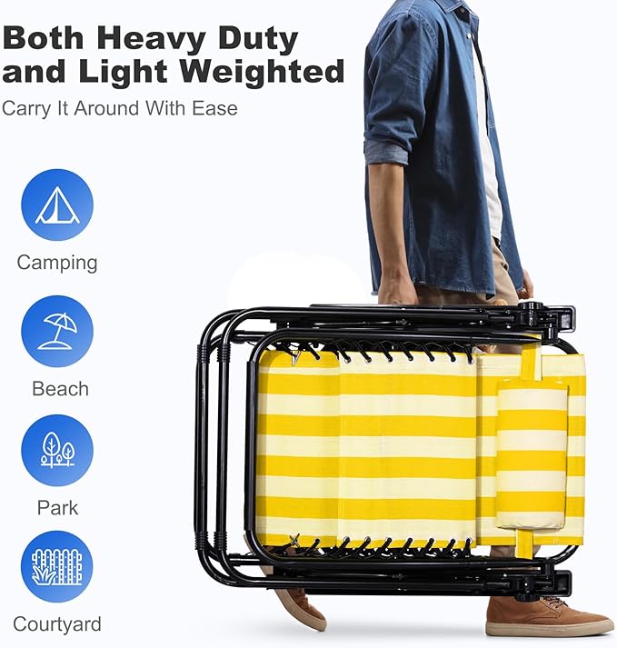 Nazhura Set of 2 Relaxing Recliners Patio Chairs Adjustable Steel Mesh Zero Gravity Lounge Chair Beach Chairs with Pillow and Cup Holder (Yellow Stripe)