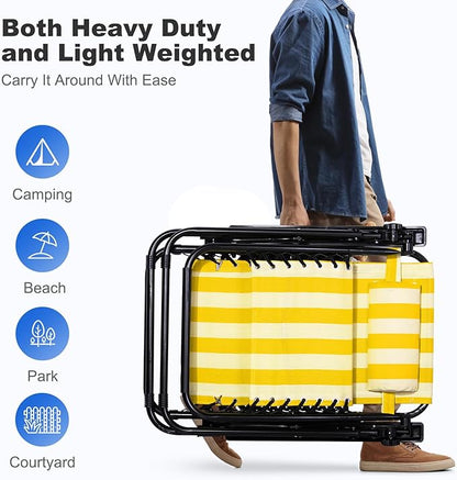 Nazhura Set of 2 Relaxing Recliners Patio Chairs Adjustable Steel Mesh Zero Gravity Lounge Chair Beach Chairs with Pillow and Cup Holder (Yellow Stripe)