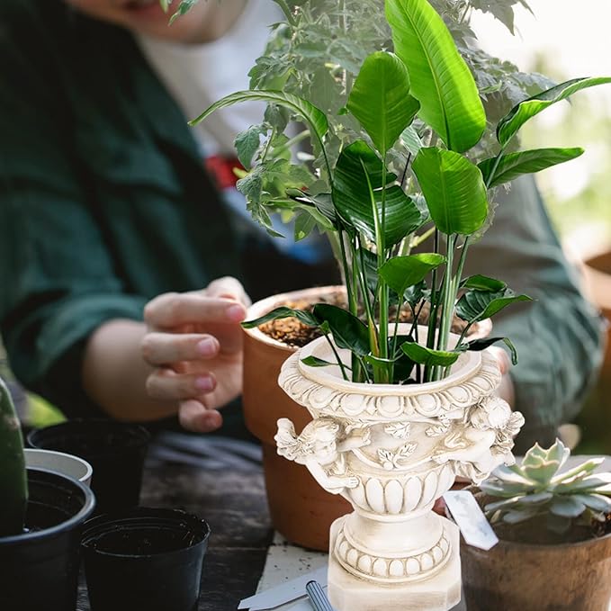Urn Planter Resin Angel Cherub Pot Antique Pedestal Vase Plant Pot for Outdoor Garden Porch Front Door