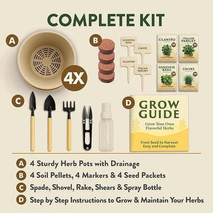 HOME GROWN Herb Garden Planter Indoor Kit – Unique Christmas Gift for Adults, Men, & Women - Grow 4 Heirloom Herb Seeds on Kitchen Window – Beginner DIY Craft & Hobby Gardening Gift for Plant Lovers