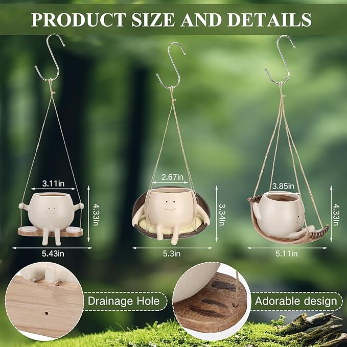 Nuogo 3 Pack Hanging Swing Chair Planter Pots Cute Wall Hanging Planter Pot Swing Face Pot with Drainage Holes Head Pots for Indoor Outdoor Plant Home Decor(Cute)