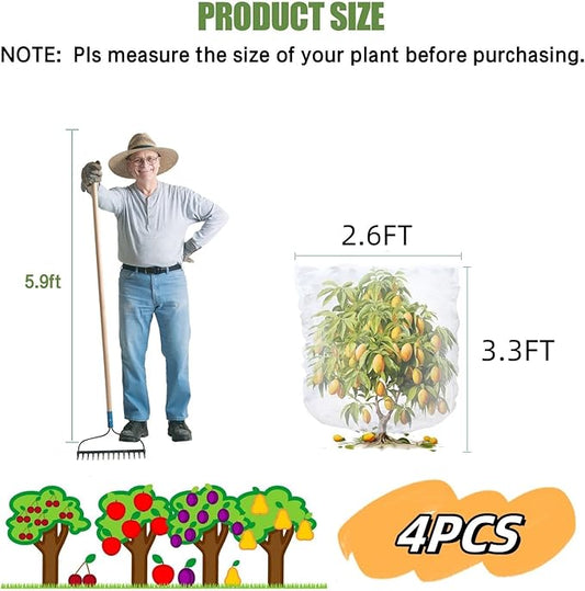 4PCS Bird Netting for Fruit Trees 2.6x3.3FT Mesh Bag with Drawstring Garden Insect Nettings Pest Barrier Blueberry Bush Netting Plant Row Cover White Mosquito Net for Fruit/Flowers/Herb/Vegetables