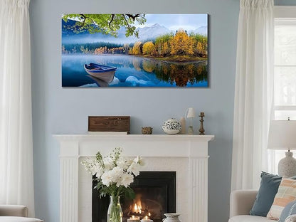 Arjun Landscape Wall Art for Living Room Lake Canvas Blue Picture Bedroom, Summer Nature Boat Artwork Modern Nature Painting Framed Large Home Office Dining Room Wall Decor 40"x20"