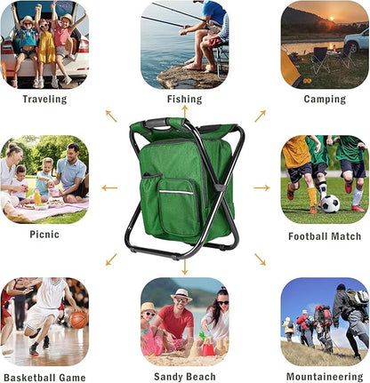 Kikerike Portable Stool Backpack Cooler Chair 300 LBS Max Load Folding Fishing Cooler Backpack Stool for Outdoors Hiking Beach Travel - Army Green