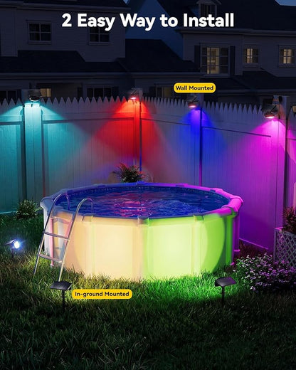 Solar Spot Lights Outdoor Waterproof IP68, RGB Colors Changing Solar Lights with 4 Lighting Modes, Solar Powered Lights Outdoor for Garden Yard Pathway Landscape (4Pack)