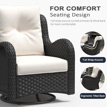 LayinSun 7 Pieces Outdoor Patio Furniture Set with Fire Pit Table, Rattan Wicker Swivel Rocker Chairs Sets with Swivel Glider Chairs and Coffee Table
