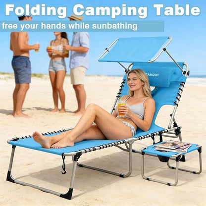 Outdoor Tanning Chair with Sun Canopy Shade & Face Hole, Folding Lounge Chair with Beach Table and Carry Bag for Poolside Sunbathing Lawn