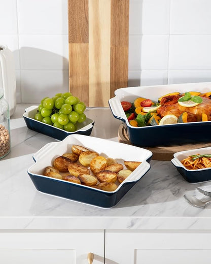 Sweejar Ceramic Bakeware Set of 4, Casserole Dishes for Oven, Rectangular Baking Dish with Handles, Lasagna Pans Deep for Cooking, Gratin, Roasting, Banquet and Daily Use (Navy)