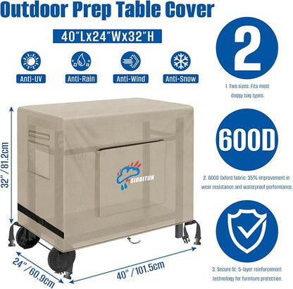 SIRUITON Outdoor Bar Cart Cover for 40 Inch BBQ Food Prep Table, Heavy Duty 600D Oxford Fabric Outdoor Dining Cart/BBQ/Worktable Metal Movable Table Waterproof Cover
