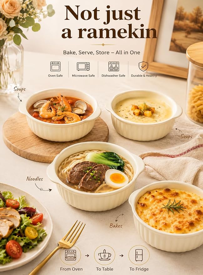 24 oz Large Ramekins Oven Safe, Creme Brulee Ramekins with Handles, Ceramic Baking Dishes Souffle Dishes, Soup Bowls Set of 2, Meal Prep Container, Baking Bowls Dishwasher Safe, Gift