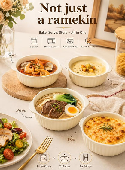 24 oz Large Ramekins Oven Safe, Creme Brulee Ramekins with Handles, Ceramic Baking Dishes Souffle Dishes, Soup Bowls Set of 2, Meal Prep Container, Baking Bowls Dishwasher Safe, Gift
