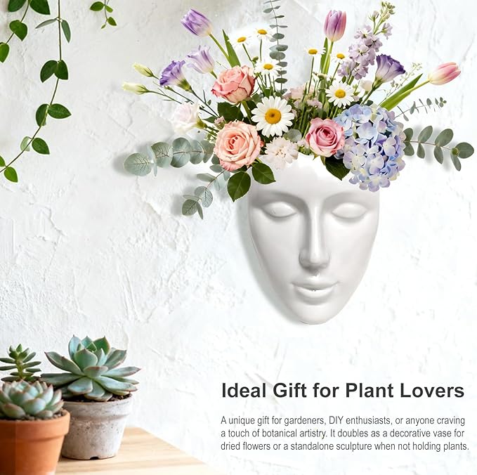 Ceramic Face Wall Planter, White Head Vase with Drainage Hole, Modern Art Indoor Outdoor Wall Mounted Succulent Planter, Elegant Home Garden Decor