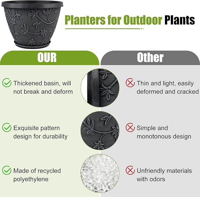 Nooulap 4 Pack 12 Inch Plant Pots for Outdoor Indoor, Plastic Flower Pots with Drainage Hole & Saucer, Modern Decorative Large Garden Pot, Imitation Magnolia Pots for Garden House Planters（Gray）