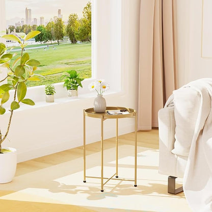 Garden 4 you Small Side Table, Gold Mini Round End Table, Tray Table with Metal Frame, Modern Nightstand for Living Room, Bedroom, Patio, Small Space, 2pcs