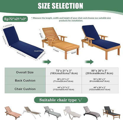 Chaise Lounge Cushions Outdoor Set of 4 - Waterproof and Fade Resistant Sun Lounger Replacement Cushions - Patio Lounger Pads with Removable Cover for Pool, Deck, 80 x 26 x 3 Inch, Navy
