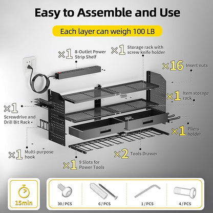 Power Tool Organizer Wall Mount Heavy Duty 400 lbs, 4 Layers Storage Rack with 9 Drill Holders & Battery Storage, Cordless Tool Organizer for Garage, Workshop & Tool Room
