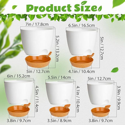 Remerry 15 Pcs 7/6.5/6/ 5.5/5 Inch Self Watering Planters with Drainage Hole Plant Pots Plastic Flower Pots Self Watering Pot and Saucer Reservoir for Garden Plant Flower (White)