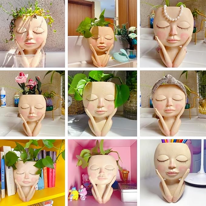Face Planters Pots Head,Cute Succulents Plants Planters,Creative Resin Pots with Drainage Hole,Ideal Vase Gifts for Indoor Outdoor Garden Decor