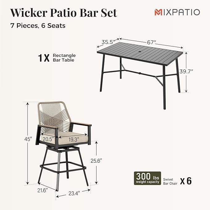 7 Piece Outdoor Bar Set, Swivel Counter Height Bar Stools with 40" Table, Wicker High Top Outdoor Table and Chairs with Cushion, Patio Barstool Set for Porch, Pool and Deck, Beige