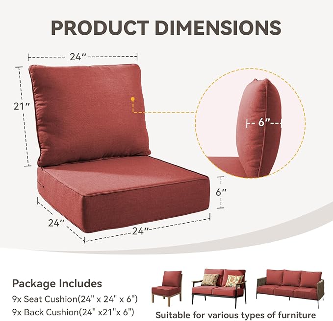 Outdoor Cushion Set for Furniture Patio Furniture, UV Resistant, Water Resistant - 6 Inch Thick Foam Garden Cushions– 24x24 Inch Patio Seat Covers for Chair/Sofa/Couch | Red | 9-Pack |