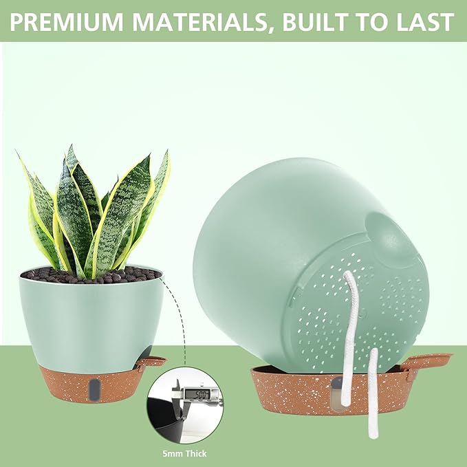 Self Watering Planters Set with Water Level Indicator, 12" 10" 9" 8" Large Plastic Flower Pots with Mesh Drainage Hole and Removable Saucer Reservoir for Indoor Outdoor Plants (Green)