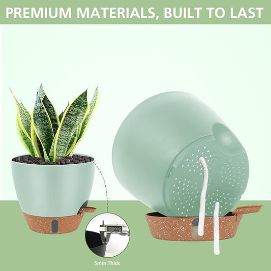 Self Watering Planters Set with Water Level Indicator, 12" 10" 9" 8" Large Plastic Flower Pots with Mesh Drainage Hole and Removable Saucer Reservoir for Indoor Outdoor Plants (Green)