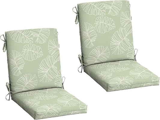 Arden 2-Pack Outdoor Patio Dining Chair Cushion, 20x44, Rain-Proof Seat Pad, Fade-Resistant Outdoor Cushion Coastal Green Leaf