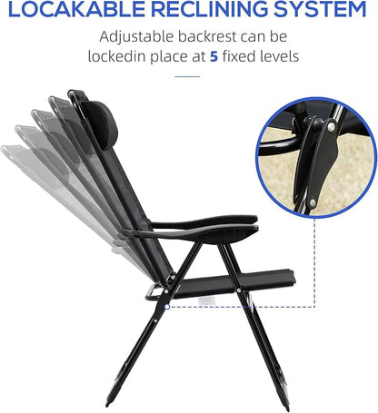 Outsunny Folding Patio Dining Chairs Set of 2, Outdoor Deck Chair with Adjustable Sling Back, Camping Chair with Removable Headrest for Garden, Backyard, Lawn, Black