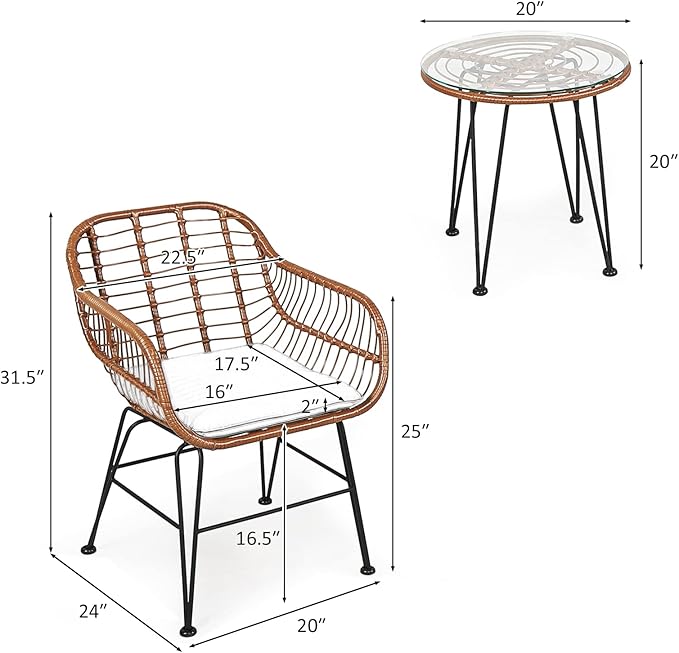 COSTWAY 3 Pieces Patio Bistro Set, Outdoor Rattan Conversation Seating Chair Set with Coffee Table & Soft Cushions, Indoor Wicker Furniture Set for Garden, Balcony, Porch, Pool, Turquoise