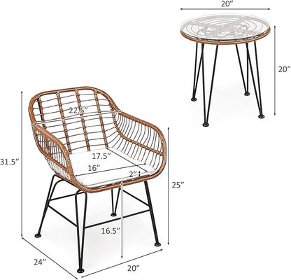 COSTWAY 3 Pieces Patio Bistro Set, Outdoor Rattan Conversation Seating Chair Set with Coffee Table & Soft Cushions, Indoor Wicker Furniture Set for Garden, Balcony, Porch, Pool, Turquoise